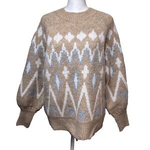 NWT A New Day Camel Tan Fair Isle Diamond Balloon Sleeve Knit Sweater XS Target